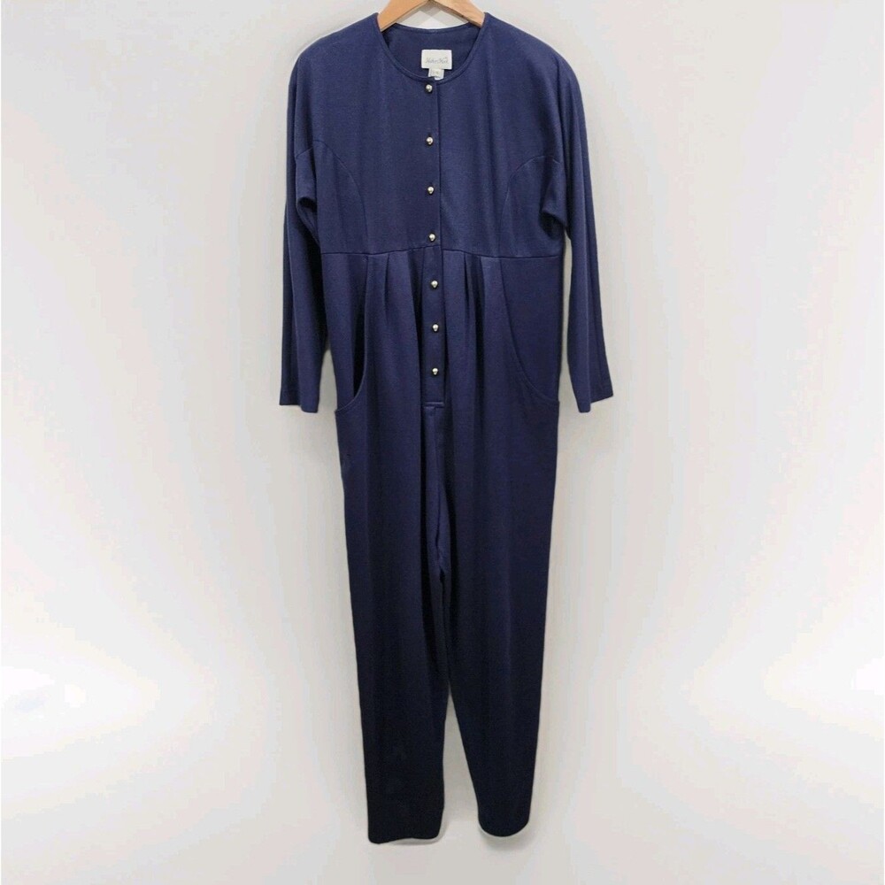 Mothers Work Vintage 80's Classic Knit Jumpsuit Navy Gold Button-down Womens 8 - Picture 3 of 16